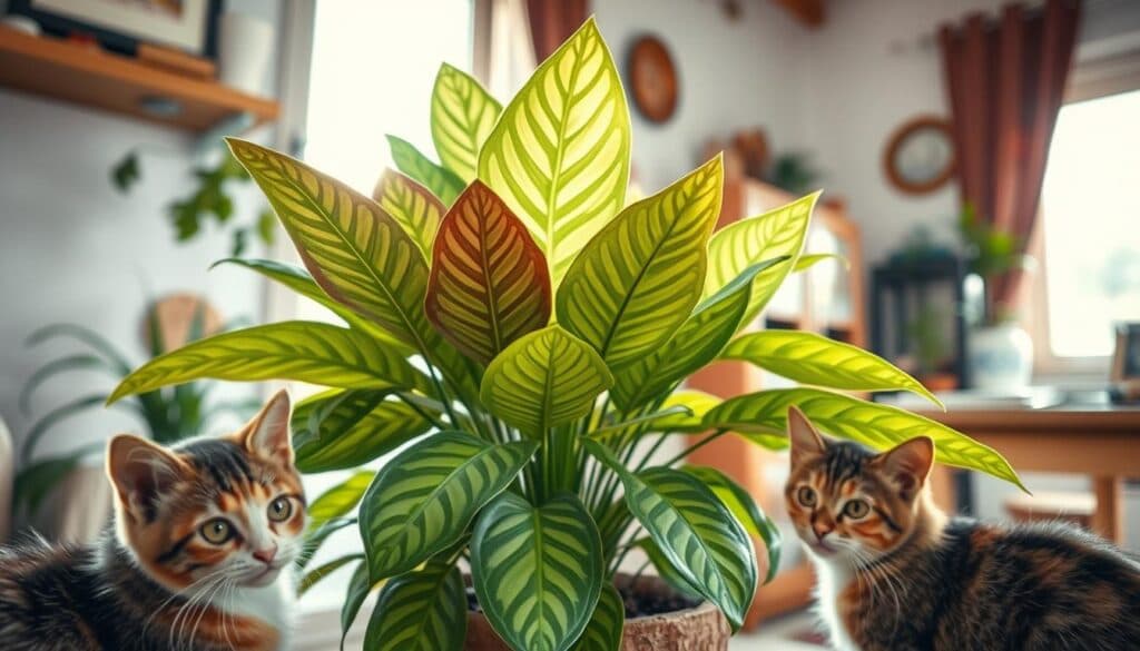A cozy and well-lit indoor scene featuring a healthy Calathea plant surrounded by two curious and playful cats. The Calathea's vibrant, patterned leaves are the focal point, while the cats observe from the foreground and a rustic wooden table in the background provides context. Soft natural lighting from a nearby window casts a warm glow, creating a serene and inviting atmosphere. The image conveys a sense of responsible pet ownership, with the cats and plant coexisting peacefully. Shot on Sony A7R IV, clearly focused, sharply defined, polarizer filter, Hyperrealistic image.