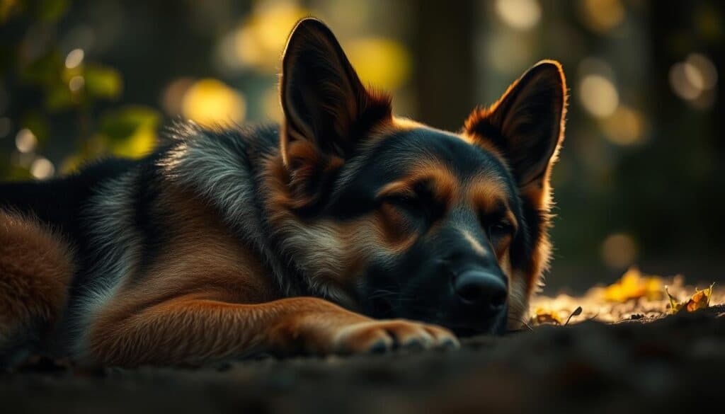 A dreaming German shepherd, its eyes gently closed, rests peacefully in a tranquil, dimly lit forest. The canine's body is illuminated by a warm, diffused light, casting soft shadows that convey a sense of calm and introspection. The background is blurred, with hints of verdant foliage and a hazy, ethereal atmosphere, allowing the viewer to focus on the dog's serene expression. The image, captured with a Sony A7R IV and a polarizer filter, is hyperrealistic, with sharp definition and a captivating sense of depth and atmosphere, inviting the viewer to contemplate the inner world of the sleeping companion. A dreaming German shepherd, its eyes gently closed, rests peacefully in a tranquil, dimly lit forest. The canine's body is illuminated by a warm, diffused light, casting soft shadows that convey a sense of calm and introspection. The background is blurred, with hints of verdant foliage and a hazy, ethereal atmosphere, allowing the viewer to focus on the dog's serene expression. The image, captured with a Sony A7R IV and a polarizer filter, is hyperrealistic, with sharp definition and a captivating sense of depth and atmosphere, inviting the viewer to contemplate the inner world of the sleeping companion.