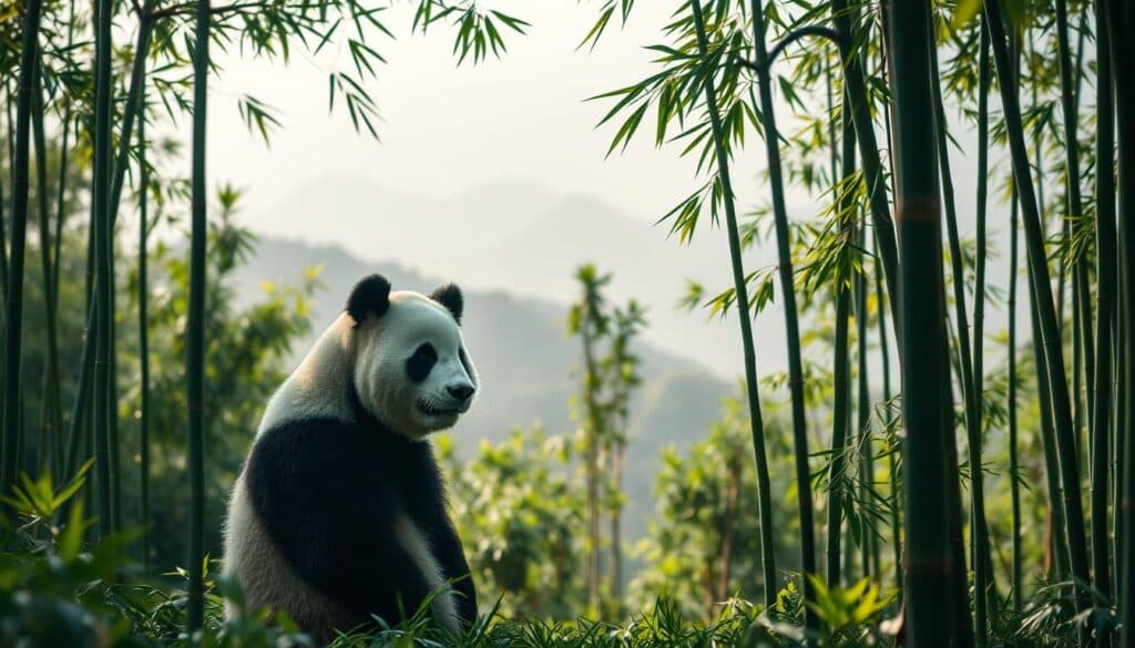 Panda bear standing in a lush, green bamboo forest. The foreground features the panda in a relaxed, natural pose, its distinctive black and white fur pattern accentuated by the soft, dappled lighting. The middle ground showcases the towering bamboo stalks, their leaves swaying gently in the breeze. In the background, a misty, mountainous landscape creates a serene, almost ethereal atmosphere. The image captures the panda's unique characteristics and the beautiful, tranquil environment it inhabits. Shot on Sony A7R IV, clearly focused, sharply defined, polarizer filter, Hyperrealistic image. Panda bear standing in a lush, green bamboo forest. The foreground features the panda in a relaxed, natural pose, its distinctive black and white fur pattern accentuated by the soft, dappled lighting. The middle ground showcases the towering bamboo stalks, their leaves swaying gently in the breeze. In the background, a misty, mountainous landscape creates a serene, almost ethereal atmosphere. The image captures the panda's unique characteristics and the beautiful, tranquil environment it inhabits. Shot on Sony A7R IV, clearly focused, sharply defined, polarizer filter, Hyperrealistic image.