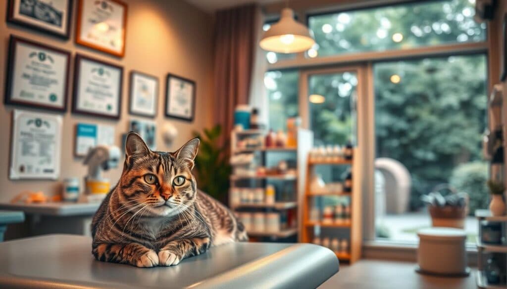 A cozy veterinary clinic interior, with warm lighting and an inviting atmosphere. In the foreground, a tabby cat rests on an exam table, its eyes alert and curious. On the walls, diplomas and certifications showcasing the clinic's expertise in feline healthcare. The middle ground features a display of pet supplies and medications, neatly organized. In the background, a large window offers a glimpse of a tranquil garden, creating a calming, natural ambiance. The scene exudes a sense of professionalism and care, perfectly capturing the essence of A cozy veterinary clinic interior, with warm lighting and an inviting atmosphere. In the foreground, a tabby cat rests on an exam table, its eyes alert and curious. On the walls, diplomas and certifications showcasing the clinic's expertise in feline healthcare. The middle ground features a display of pet supplies and medications, neatly organized. In the background, a large window offers a glimpse of a tranquil garden, creating a calming, natural ambiance. The scene exudes a sense of professionalism and care, perfectly capturing the essence of