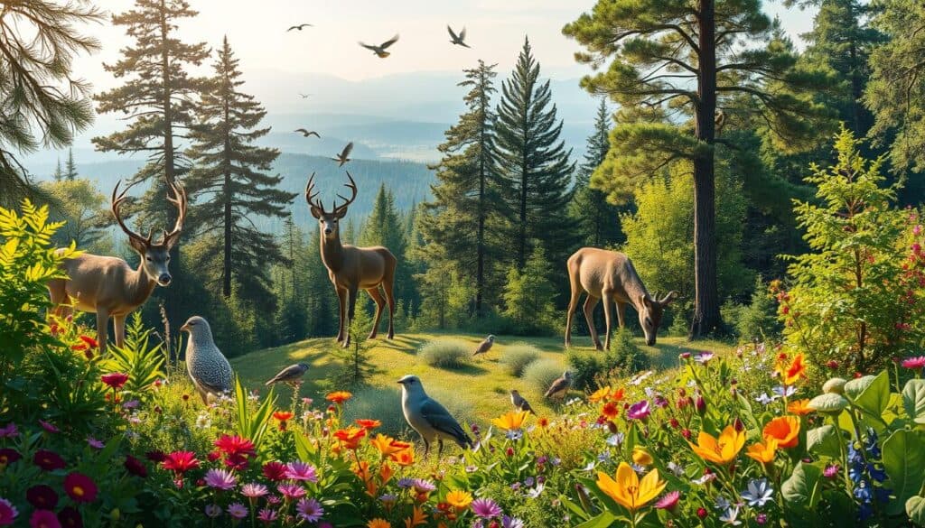A lush, biodiverse forest ecosystem teeming with life, captured in stunning detail. In the foreground, a kaleidoscope of vibrant flora - towering trees, verdant undergrowth, and a riot of colorful flowers. In the middle ground, a diverse array of animal species co-existing harmoniously - deer grazing, birds soaring, insects buzzing. The background reveals a vast, pristine landscape, hazy mountains rising in the distance. Dappled sunlight filters through the canopy, casting a warm, natural glow over the scene. Crisp, sharp focus, with a polarizer filter enhancing the depth and clarity. A true celebration of the incredible diversity and interconnectedness of life on our planet. A lush, biodiverse forest ecosystem teeming with life, captured in stunning detail. In the foreground, a kaleidoscope of vibrant flora - towering trees, verdant undergrowth, and a riot of colorful flowers. In the middle ground, a diverse array of animal species co-existing harmoniously - deer grazing, birds soaring, insects buzzing. The background reveals a vast, pristine landscape, hazy mountains rising in the distance. Dappled sunlight filters through the canopy, casting a warm, natural glow over the scene. Crisp, sharp focus, with a polarizer filter enhancing the depth and clarity. A true celebration of the incredible diversity and interconnectedness of life on our planet.