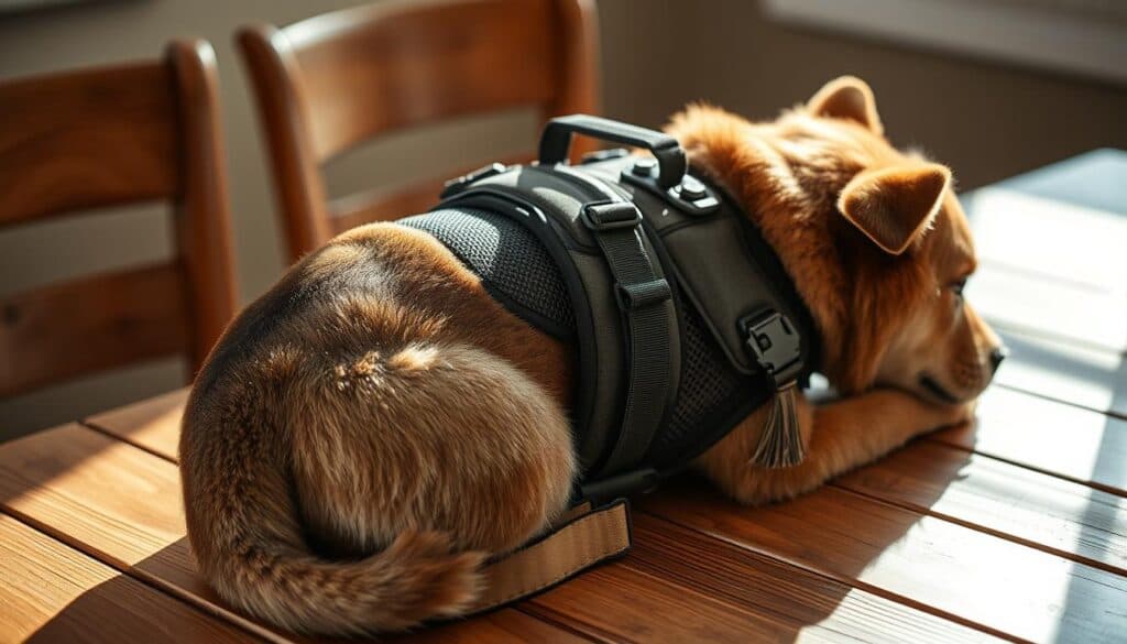 A well-designed dog backpack resting on a wooden table, with a focused view showcasing the safety features. Sturdy construction, adjustable straps, and breathable mesh panels are clearly visible. The backpack is lit by natural light, casting soft shadows that accentuate the textures and materials. The overall image conveys a sense of reliability and attention to the dog's comfort and security when using this specialized piece of equipment.