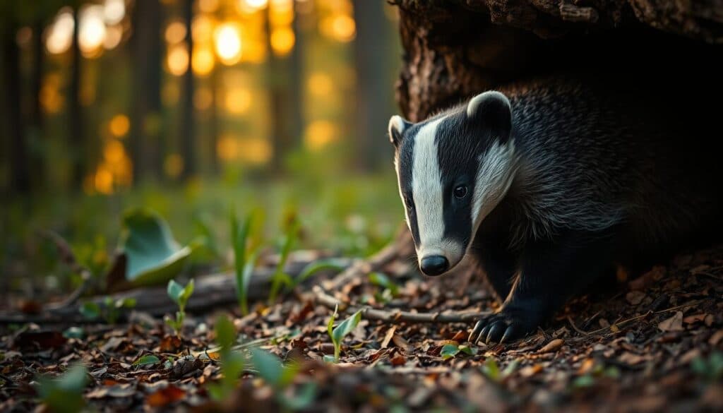 A tranquil forest scene at dusk, a curious European badger (Meles meles) emerges from its den, sniffing the air intently. Warm lighting filters through the canopy, casting a golden glow across the undergrowth. The badger's distinctive black and white striped face, compact muscular body, and powerful claws are rendered in exquisite detail. The camera, positioned low to the ground, captures the animal's cautious movements as it navigates the forest floor, alert for any potential threats. The overall composition evokes a sense of peaceful observation, inviting the viewer to lose themselves in the quiet wonder of this elusive nocturnal creature. A tranquil forest scene at dusk, a curious European badger (Meles meles) emerges from its den, sniffing the air intently. Warm lighting filters through the canopy, casting a golden glow across the undergrowth. The badger's distinctive black and white striped face, compact muscular body, and powerful claws are rendered in exquisite detail. The camera, positioned low to the ground, captures the animal's cautious movements as it navigates the forest floor, alert for any potential threats. The overall composition evokes a sense of peaceful observation, inviting the viewer to lose themselves in the quiet wonder of this elusive nocturnal creature.