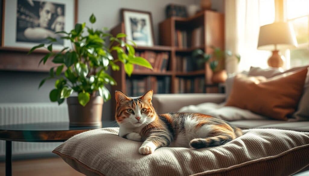 A cozy domestic setting, bathed in warm, natural lighting. In the foreground, a contented feline lounges on a plush, textured throw pillow, its calico coat gleaming. On a nearby end table, a lush, thriving potted plant stands, its verdant leaves adding a touch of verdant elegance. In the middle ground, a bookshelf filled with leather-bound volumes and framed art pieces, creating an atmosphere of refined sophistication. The background is softly blurred, hinting at a spacious, well-appointed living room, where harmony and the wellbeing of the household's feline companion take center stage. Shot on Sony A7R IV, clearly focused, sharply defined, polarizer filter, Hyperrealistic image. A cozy domestic setting, bathed in warm, natural lighting. In the foreground, a contented feline lounges on a plush, textured throw pillow, its calico coat gleaming. On a nearby end table, a lush, thriving potted plant stands, its verdant leaves adding a touch of verdant elegance. In the middle ground, a bookshelf filled with leather-bound volumes and framed art pieces, creating an atmosphere of refined sophistication. The background is softly blurred, hinting at a spacious, well-appointed living room, where harmony and the wellbeing of the household's feline companion take center stage. Shot on Sony A7R IV, clearly focused, sharply defined, polarizer filter, Hyperrealistic image.