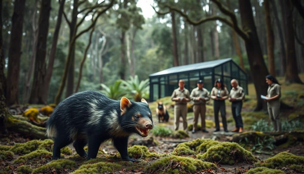 A lush, verdant forest in Tasmania, with towering eucalyptus trees and a thick, mossy undergrowth. In the foreground, a Tasmanian devil, its distinctive black and white fur shining, stands alert, its sharp teeth bared in a fierce expression. In the middle ground, a group of researchers in khaki uniforms carefully monitor the devil, taking notes and observing its behavior. In the background, a state-of-the-art research facility blends seamlessly into the natural landscape, its glass and steel architecture complementing the rugged terrain. The scene exudes a sense of dedicated conservation efforts, with the Tasmanian devil at the heart of a vital protection and preservation project. A lush, verdant forest in Tasmania, with towering eucalyptus trees and a thick, mossy undergrowth. In the foreground, a Tasmanian devil, its distinctive black and white fur shining, stands alert, its sharp teeth bared in a fierce expression. In the middle ground, a group of researchers in khaki uniforms carefully monitor the devil, taking notes and observing its behavior. In the background, a state-of-the-art research facility blends seamlessly into the natural landscape, its glass and steel architecture complementing the rugged terrain. The scene exudes a sense of dedicated conservation efforts, with the Tasmanian devil at the heart of a vital protection and preservation project.