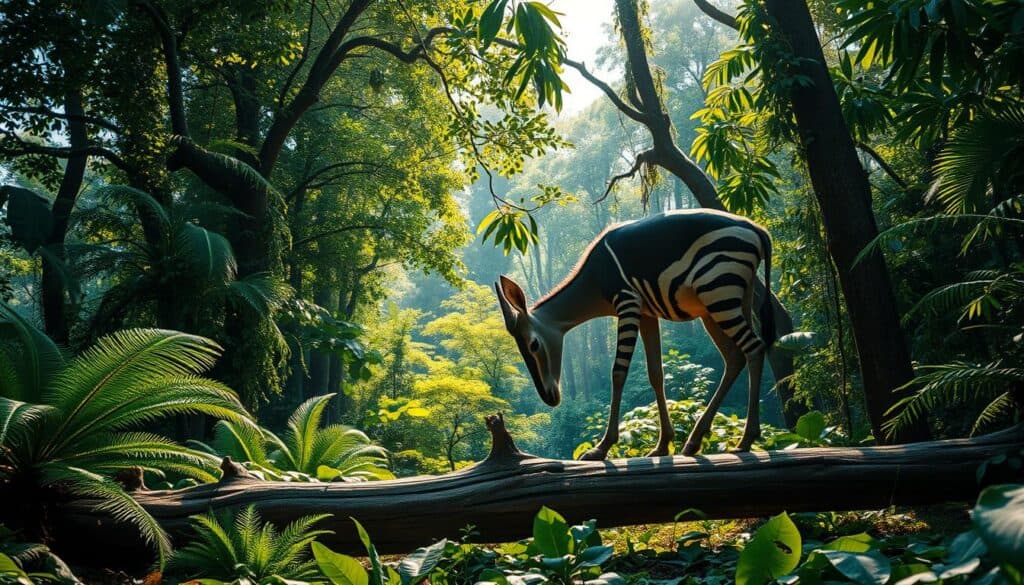 A majestic okapi forages in the lush, verdant rainforest, its distinctive striped legs and long, prehensile tongue delicately plucking leaves and fruits from the diverse canopy. The dappled sunlight filters through the towering trees, casting a warm, golden glow over the scene. In the middle ground, a fallen log provides a natural perch, allowing the viewer to observe the okapi's unique feeding behavior up close. The background is a dense, layered tapestry of ferns, vines, and vibrant foliage, creating a sense of depth and immersion in the heart of this thriving ecosystem. Shot on a Sony A7R IV with a polarizer filter, this hyperrealistic image captures the okapi's graceful movements and the rich, biodiverse environment it calls home. A majestic okapi forages in the lush, verdant rainforest, its distinctive striped legs and long, prehensile tongue delicately plucking leaves and fruits from the diverse canopy. The dappled sunlight filters through the towering trees, casting a warm, golden glow over the scene. In the middle ground, a fallen log provides a natural perch, allowing the viewer to observe the okapi's unique feeding behavior up close. The background is a dense, layered tapestry of ferns, vines, and vibrant foliage, creating a sense of depth and immersion in the heart of this thriving ecosystem. Shot on a Sony A7R IV with a polarizer filter, this hyperrealistic image captures the okapi's graceful movements and the rich, biodiverse environment it calls home.