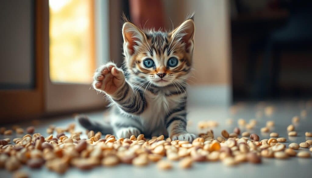 A mischievous tabby kitten sits amidst scattered kibble, paw raised as if caught in the act. Soft morning light filters through a nearby window, casting a warm glow on the scene. The kitten's innocent expression belies the mess it has made, highlighting the challenges of proper kitten nutrition. Captured with a Sony A7R IV, the image is sharply defined and hyperrealistic, the polarizer filter enhancing the depth and clarity. This visual serves as a cautionary tale, underscoring the importance of attentive feeding practices for young felines.