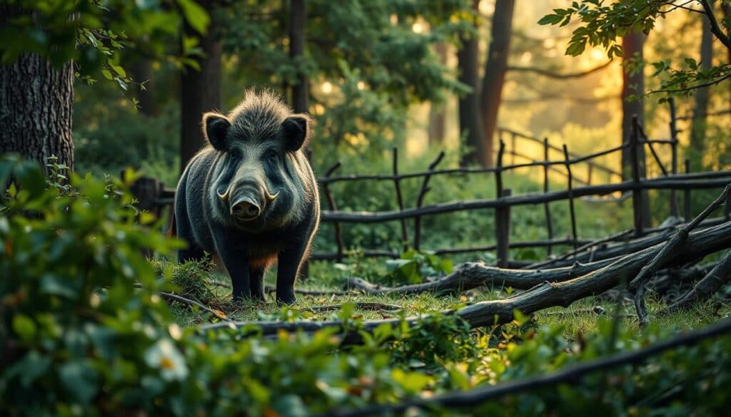 A rugged wilderness landscape in Germany, where a massive wild boar stands alert, its thick fur and muscular frame a testament to its hardy nature. In the foreground, lush green foliage and fallen branches create a sense of dense, untamed forest. The middle ground reveals a wooden fence, a barrier erected to protect against the boar's incursions. Soft, diffused sunlight filters through the canopy, casting warm, golden tones over the scene. The overall atmosphere conveys the delicate balance between human habitation and the encroaching wilderness, where efforts are made to coexist with these powerful, resilient creatures. A rugged wilderness landscape in Germany, where a massive wild boar stands alert, its thick fur and muscular frame a testament to its hardy nature. In the foreground, lush green foliage and fallen branches create a sense of dense, untamed forest. The middle ground reveals a wooden fence, a barrier erected to protect against the boar's incursions. Soft, diffused sunlight filters through the canopy, casting warm, golden tones over the scene. The overall atmosphere conveys the delicate balance between human habitation and the encroaching wilderness, where efforts are made to coexist with these powerful, resilient creatures.