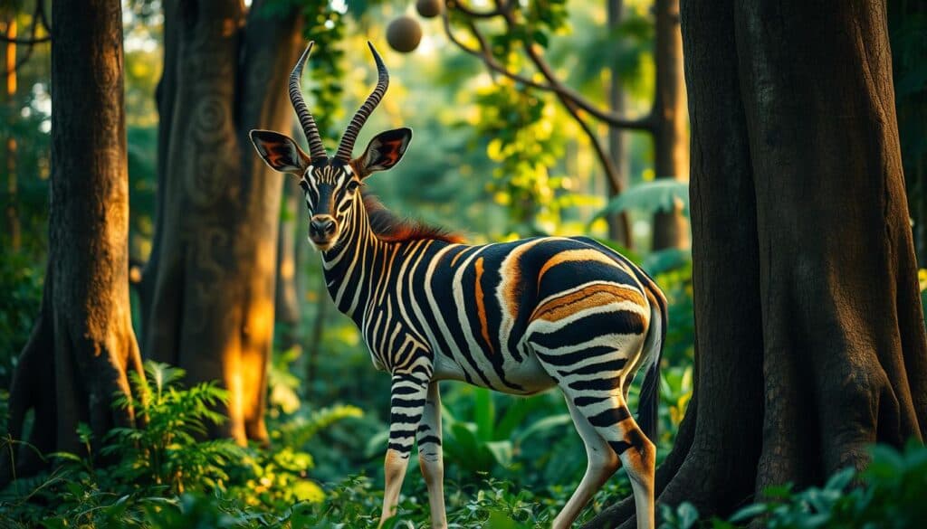 A vibrant, hyperrealistic depiction of an Okapi standing majestically in a lush, verdant forest. The Okapi's distinct striped pattern is captured in exquisite detail, its fur glistening under the warm, natural lighting filtered through the canopy above. In the background, intricate tribal patterns and motifs adorn the trunks of ancient trees, showcasing the Okapi's deep cultural significance within its native habitat. The scene evokes a sense of reverence and harmony, with the Okapi serving as a iconic symbol of the rainforest's enduring mystery and wonder. Captured on a Sony A7R IV with a polarizer filter for maximum clarity and definition. A vibrant, hyperrealistic depiction of an Okapi standing majestically in a lush, verdant forest. The Okapi's distinct striped pattern is captured in exquisite detail, its fur glistening under the warm, natural lighting filtered through the canopy above. In the background, intricate tribal patterns and motifs adorn the trunks of ancient trees, showcasing the Okapi's deep cultural significance within its native habitat. The scene evokes a sense of reverence and harmony, with the Okapi serving as a iconic symbol of the rainforest's enduring mystery and wonder. Captured on a Sony A7R IV with a polarizer filter for maximum clarity and definition.