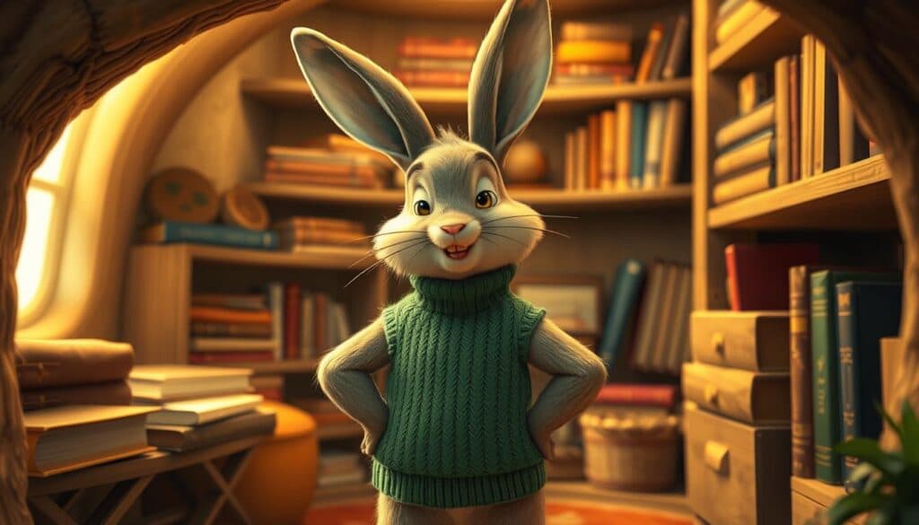 A cheerful, anthropomorphic Rabbit from the Winnie the Pooh universe, standing in a cozy, well-organized burrow. Rabbit is wearing a green sweater vest and has an expression of focused diligence, surrounded by neatly arranged shelves, books, and other meticulously organized items. Warm, golden lighting accentuates the scene, creating a sense of comfort and tranquility. Rabbit's pose conveys a sense of efficiency and attention to detail, reflecting the section's title A cheerful, anthropomorphic Rabbit from the Winnie the Pooh universe, standing in a cozy, well-organized burrow. Rabbit is wearing a green sweater vest and has an expression of focused diligence, surrounded by neatly arranged shelves, books, and other meticulously organized items. Warm, golden lighting accentuates the scene, creating a sense of comfort and tranquility. Rabbit's pose conveys a sense of efficiency and attention to detail, reflecting the section's title