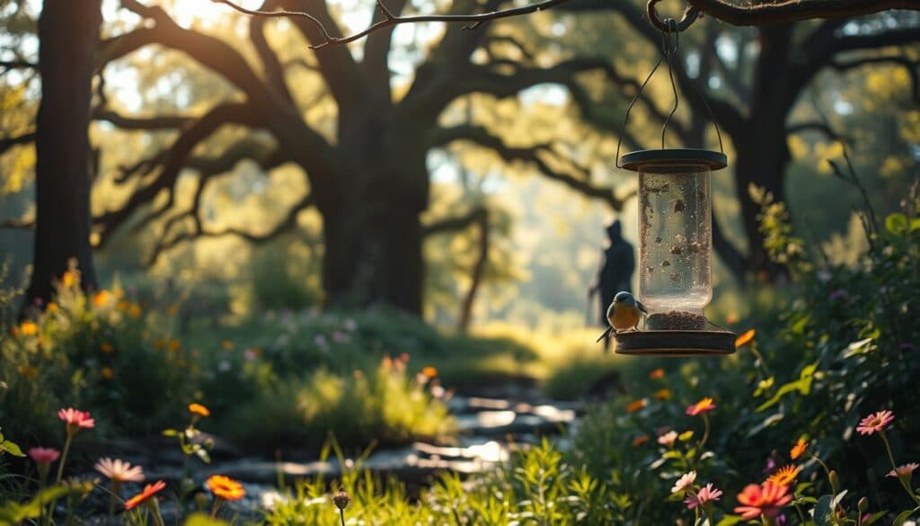 A lush forest meadow with towering oak trees and a babbling brook, where a stunning Blaumeise hops among the vibrant wildflowers. Sunlight filters through the canopy, casting warm, dappled shadows across the scene. In the foreground, a bird feeder hangs, drawing the attention of the delicate songbird. Yet, in the background, a menacing dark figure looms, representing the threats to the Blaumeise's peaceful habitat. Captured with a Sony A7R IV, this hyperrealistic image conveys the tranquility and the lurking dangers faced by this beloved avian species. A lush forest meadow with towering oak trees and a babbling brook, where a stunning Blaumeise hops among the vibrant wildflowers. Sunlight filters through the canopy, casting warm, dappled shadows across the scene. In the foreground, a bird feeder hangs, drawing the attention of the delicate songbird. Yet, in the background, a menacing dark figure looms, representing the threats to the Blaumeise's peaceful habitat. Captured with a Sony A7R IV, this hyperrealistic image conveys the tranquility and the lurking dangers faced by this beloved avian species.