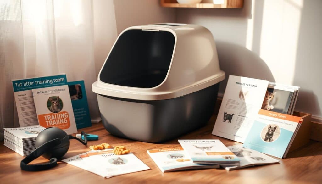 A neatly organized cat litter training station, featuring a sleek, modern litter box with a discreet lining and covered top. Surrounding it, an assortment of training tools - clicker, treats, and informative guides - arranged in a visually appealing way. The setup is bathed in warm, natural lighting, creating a calming atmosphere that suggests a positive, encouraging environment for the cat's training process. The overall composition exudes a sense of organization and attention to detail, reflecting the importance of effective techniques in overcoming feline litter box issues. A neatly organized cat litter training station, featuring a sleek, modern litter box with a discreet lining and covered top. Surrounding it, an assortment of training tools - clicker, treats, and informative guides - arranged in a visually appealing way. The setup is bathed in warm, natural lighting, creating a calming atmosphere that suggests a positive, encouraging environment for the cat's training process. The overall composition exudes a sense of organization and attention to detail, reflecting the importance of effective techniques in overcoming feline litter box issues.
