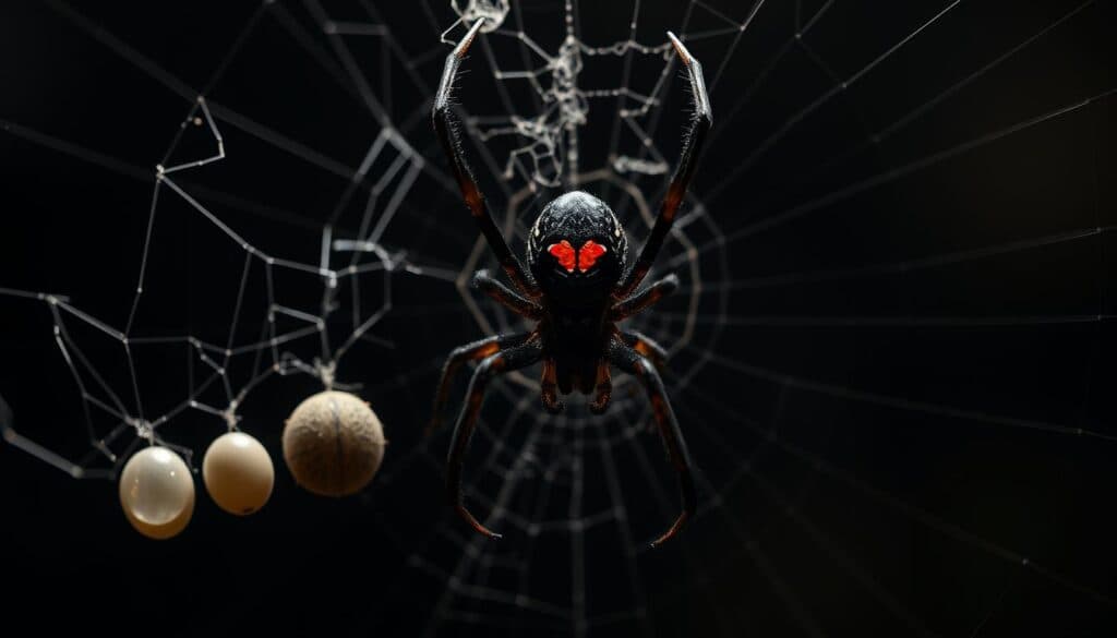 Lebenszyklus der schwarzen Witwe Spinnengröße: A meticulously detailed, hyperrealistic depiction of the life cycle of the black widow spider, shot on a Sony A7R IV with a polarizer filter. The foreground showcases the various stages of the spider's development, from the delicate egg sac to the mature, menacing adult, its iconic red hourglass marking prominently displayed. The middle ground reveals the spider's intricate web, capturing the essence of its predatory nature. The background immerses the viewer in a shadowy, moody environment, highlighting the spider's ominous presence. The lighting is dramatic and chiaroscuro-inspired, casting deep shadows and emphasizing the spider's imposing size and power.