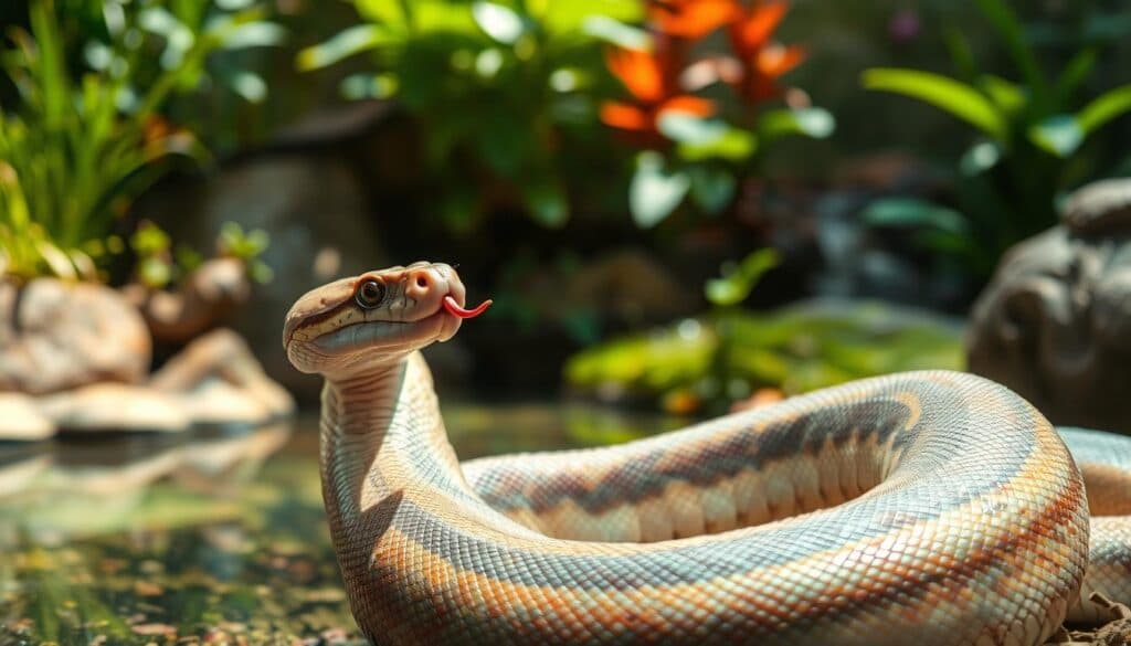 A fully alert and curious Königspython emerges from its winter slumber, its smooth, iridescent scales glistening in the warm sunlight. The snake's head is held high, tongue flicking out to explore its surroundings. In the middle ground, the snake's sinuous body coils gracefully, each scale meticulously defined. The background depicts a lush, verdant terrarium, with vibrant foliage and a shallow pool of water. Soft, diffused lighting bathes the scene, creating a natural, almost ethereal atmosphere. The overall impression is one of tranquility and renewed vitality, as the snake confidently resumes its daily activities after a period of dormancy.