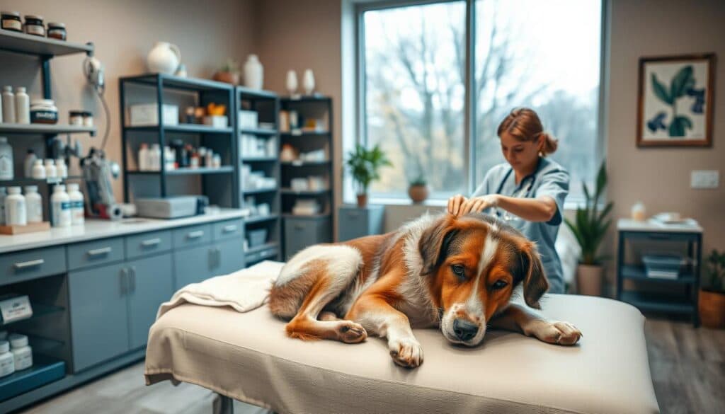 A calm, serene veterinary clinic setting featuring a dog receiving various therapies and treatments. The foreground shows the dog relaxing on an examination table, with a vet technician gently grooming their fur. The middle ground displays shelves with medical supplies, diagnostic equipment, and various treatment options like medications, supplements, and alternative therapies. The background depicts a tranquil, softly lit room with soothing earth-toned decor, calming artwork, and large windows allowing natural light to fill the space. The overall mood is one of care, compassion, and holistic healing. Shot on Sony A7R IV, clearly focused, sharply defined, polarizer filter, Hyperrealistic image.