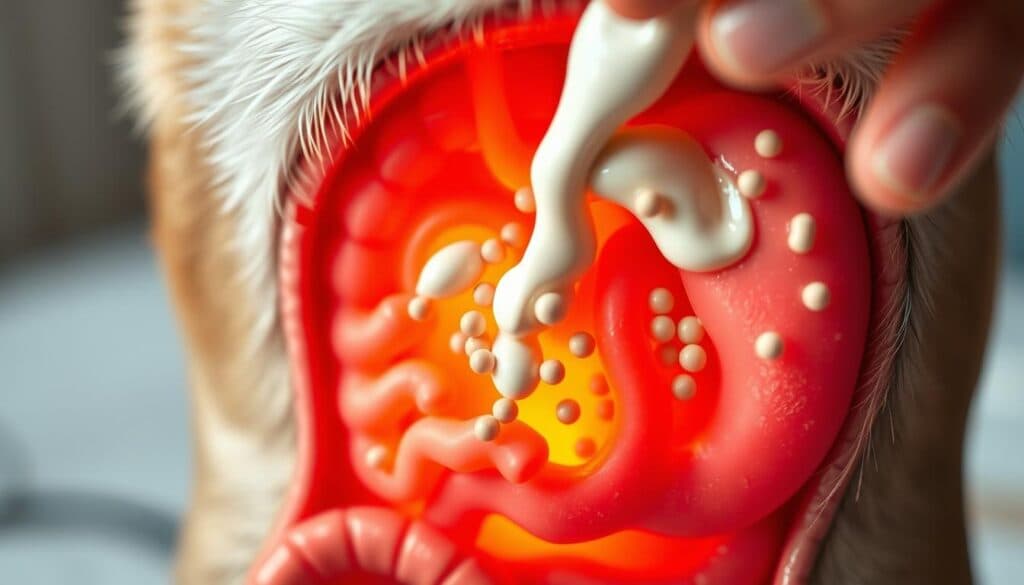 A close-up shot of a dog's digestive system, highlighting the gut flora. The image features a detailed cross-section view, showcasing the various beneficial bacteria and probiotics that support a healthy gut. The dog's intestines are prominently displayed, with a natural yogurt or probiotic supplement being administered. The lighting is soft and natural, creating a calming, educational atmosphere. The image is hyper-realistic, with sharp focus and vivid colors, capturing the intricate workings of the canine digestive system.