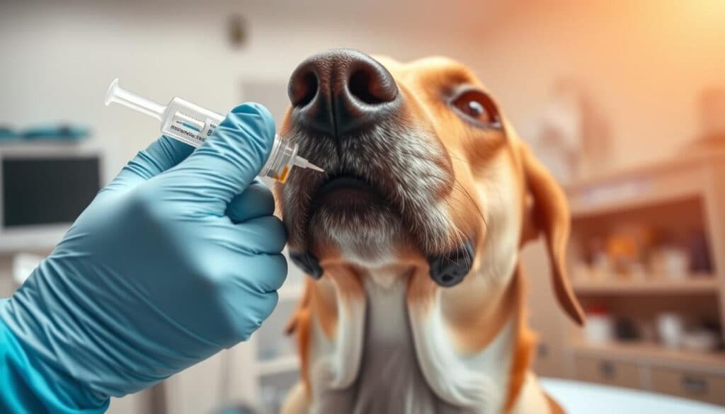 A high-angle view of a dog's head, its muzzle open slightly, with a veterinarian's gloved hand administering a deworming medication. The dog's eyes are alert, its fur neatly groomed. The background is a clean, well-lit examination room, with medical equipment and supplies visible in the periphery. Warm, natural lighting bathes the scene, creating a sense of care and professionalism. The image conveys the importance of properly administering a deworming treatment to ensure the dog's health and wellbeing. A high-angle view of a dog's head, its muzzle open slightly, with a veterinarian's gloved hand administering a deworming medication. The dog's eyes are alert, its fur neatly groomed. The background is a clean, well-lit examination room, with medical equipment and supplies visible in the periphery. Warm, natural lighting bathes the scene, creating a sense of care and professionalism. The image conveys the importance of properly administering a deworming treatment to ensure the dog's health and wellbeing.