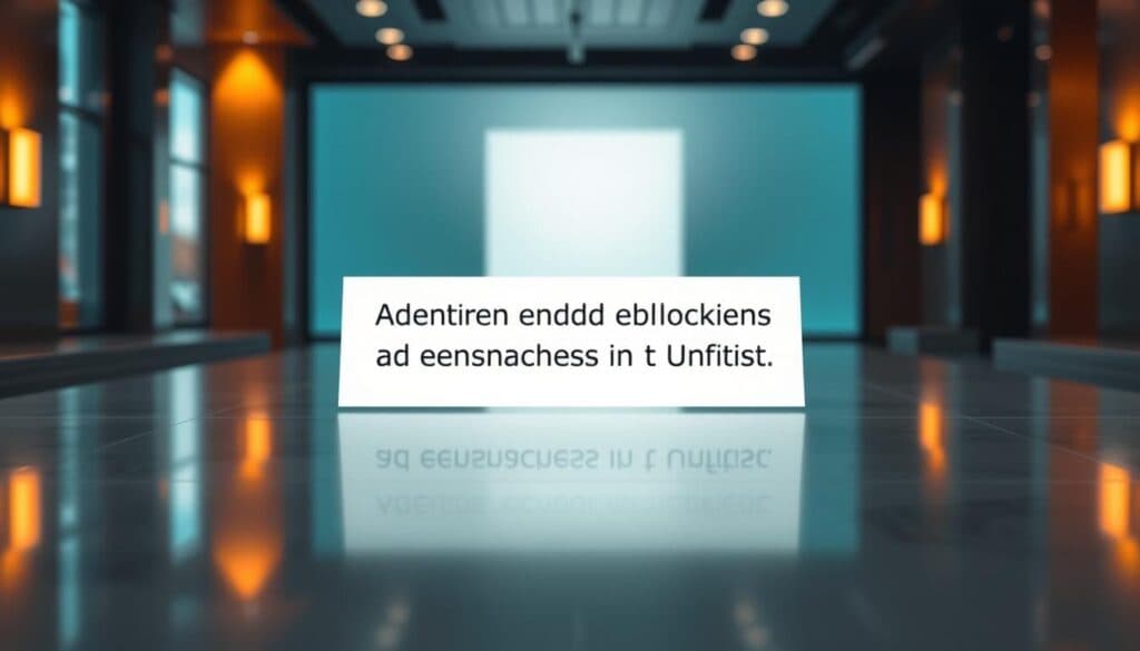 An opulent advertisement display, featuring a sleek and modern platform interface with a prominent warning message about ad-blockers. The polished surface reflects the warm lighting, casting a soft glow across the scene. Subtle gradients in the background suggest depth and dimensionality, while the central message stands out with a bold, minimalist typography. The overall aesthetic conveys a sense of professionalism and digital sophistication, perfectly suited to illustrate the 