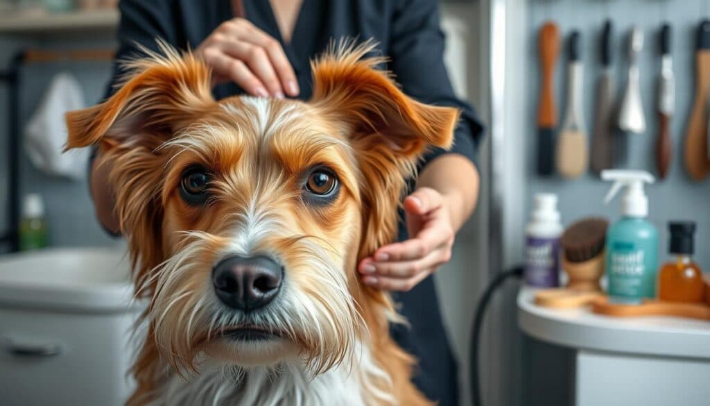 Detailed, high-resolution image of a dog undergoing a grooming session, shot with a Sony A7R IV camera using a polarizer filter for enhanced clarity. In the foreground, the dog's face is in sharp focus, with fur neatly combed and bathed. The middle ground showcases the groomer's skilled hands working through the dog's coat, gently removing any tangles or debris. The background depicts a well-equipped grooming station, with various brushes, shampoos, and other grooming tools neatly arranged, conveying a sense of hygiene and care. The overall scene exudes a calm, serene atmosphere, highlighting the importance of proper dog hygiene and fur maintenance as a natural solution to maintaining a healthy, odor-free companion.