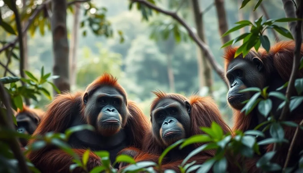 Bedrohte Orang-Utans in ihrem Lebensraum Bedrohte Orang-Utans in ihrem Lebensraum