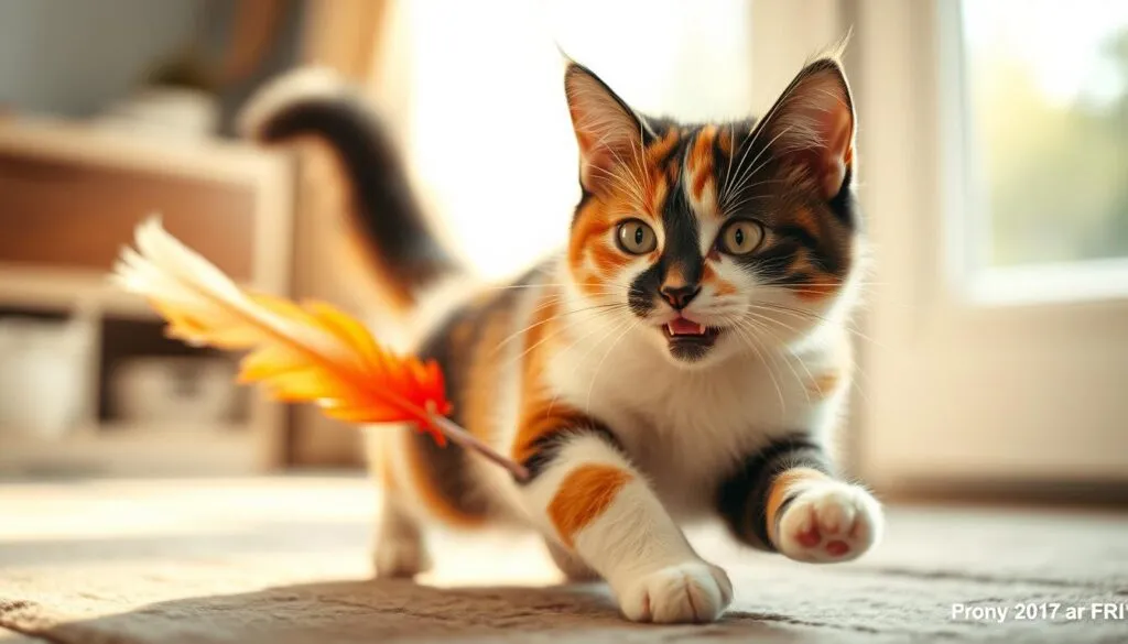 Dreifarbige Katze beim Spielen