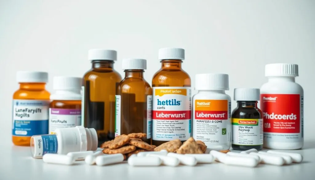 A closeup shot of an assortment of prescription medication bottles and dog food, specifically Leberwurst, against a neutral background. The bottles are arranged in a visually appealing composition, capturing the essential elements of kidney disease treatment for dogs. Bright yet balanced lighting highlights the textures and colors of the products, creating a sense of clinical precision. The overall mood is one of informative clarity, conveying the importance of proper medication management for a dog with kidney issues.