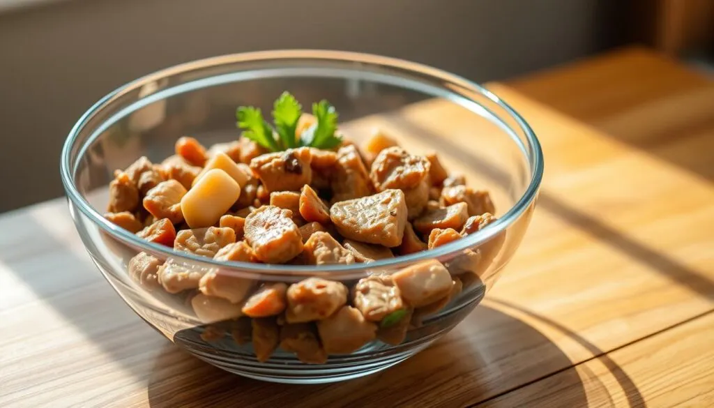 A large, high-quality glass bowl filled with premium quality dog food, formulated to be gentle on canine kidneys. The bowl is positioned on a wooden table, with natural lighting casting soft shadows. The dog food is a moist, flavorful mixture of meat, vegetables, and supplements tailored for dogs with kidney issues. The image exudes a sense of health, balance, and care, perfectly capturing the essence of 