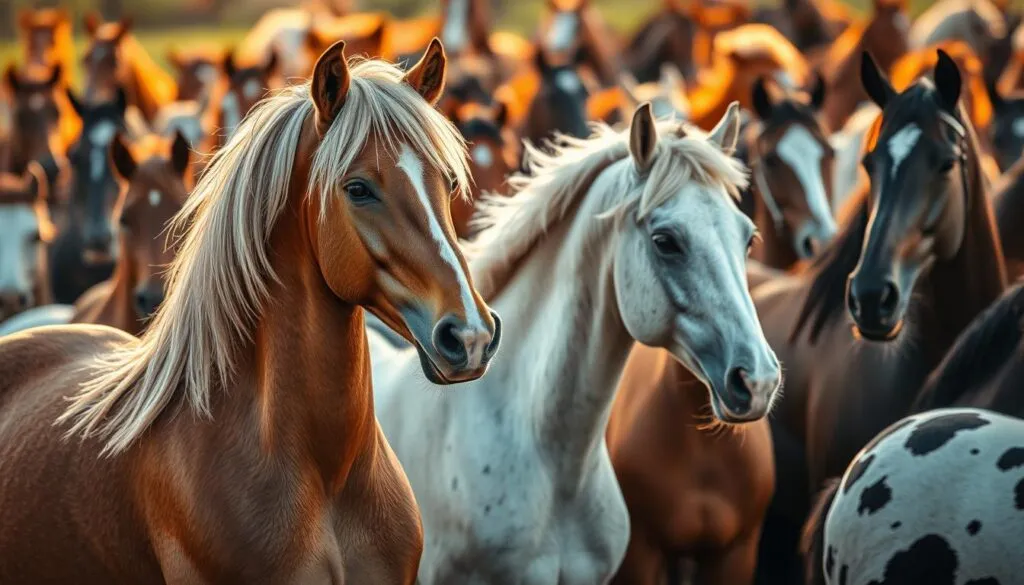 A breathtaking photograph showcasing a diverse array of majestic horse breeds, their distinctive features elegantly captured. In the foreground, a proud Andalusian stallion with its flowing mane and powerful build. Behind it, a graceful Arabian mare with delicate features and an intelligent gaze. In the midground, a sturdy Clydesdale and a nimble Appaloosa, their unique markings and proportions accentuated. The background is filled with a variety of other breeds, each with its own distinctive name and origins, creating a visually stunning display of equine diversity. The image is bathed in warm, natural lighting, enhancing the rich colors and textures of the horses' coats. Captured with a Sony A7R IV camera, the scene is presented with sharp focus and a polarizer filter, resulting in a hyperrealistic, captivating depiction of the 