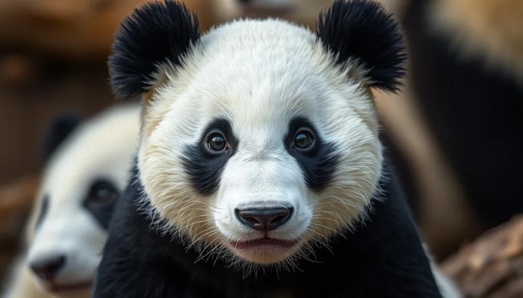 A captivating close-up portrait of a curious panda bear, photographed with a Sony A7R IV camera. The panda's striking black and white fur is captured in vivid detail, with a polarizer filter enhancing the depth and richness of the image. The panda's intelligent eyes gaze directly at the viewer, conveying a sense of contemplation and research-like wonder. The background is blurred, keeping the focus firmly on the panda's expressive face, creating a serene and contemplative atmosphere. Crisp, sharp, and hyperrealistic, this image perfectly encapsulates the essence of panda research and study.