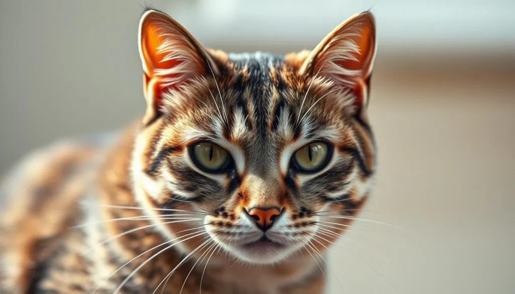 A close-up portrait of a domestic cat, its body and facial expressions intently focused, conveying its current emotional state and intentions. The feline's posture, ear positioning, and gaze reveal its inner thoughts and mood, providing insight into its behavior and communication. The image is captured with a Sony A7R IV camera, using a polarizer filter to enhance the vibrancy and clarity of the subject. The lighting is natural and well-balanced, casting soft shadows that accentuate the cat's features. The resulting image is hyperrealistic, with sharp details and a sense of depth, allowing the viewer to fully immerse themselves in the cat's body language and understand its perspective.