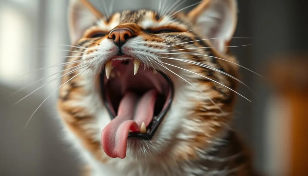 A close-up view of a cat's open mouth, showcasing its various mouth functions and expressions. The cat's teeth, tongue, and lips are prominently displayed, each demonstrating a specific communicative purpose, such as yawning, meowing, hissing, or licking. The lighting is soft and diffused, casting subtle shadows that accentuate the feline's features. The background is blurred, keeping the focus solely on the cat's captivating maulfunctions. Captured with a Sony A7R IV, the image is sharp, detailed, and hyperrealistic, allowing the viewer to fully appreciate the nuances of the cat's body language.