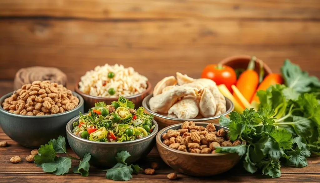 A diverse arrangement of healthy dog food alternatives, including bowls filled with kibble, cooked rice, boiled chicken, fresh vegetables, and leafy greens. The scene is set against a warm, natural backdrop with wooden textures, creating a rustic and inviting atmosphere. The lighting is soft and diffused, highlighting the vibrant colors and textures of the ingredients. The overall composition is balanced and visually appealing, showcasing the various nutritious options available for a dog's diet.