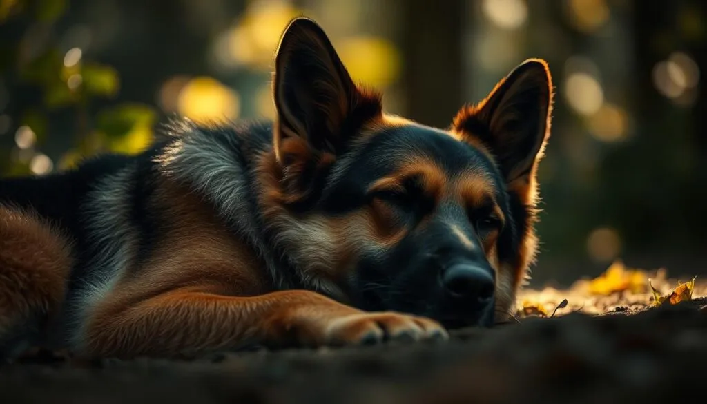 A dreaming German shepherd, its eyes gently closed, rests peacefully in a tranquil, dimly lit forest. The canine's body is illuminated by a warm, diffused light, casting soft shadows that convey a sense of calm and introspection. The background is blurred, with hints of verdant foliage and a hazy, ethereal atmosphere, allowing the viewer to focus on the dog's serene expression. The image, captured with a Sony A7R IV and a polarizer filter, is hyperrealistic, with sharp definition and a captivating sense of depth and atmosphere, inviting the viewer to contemplate the inner world of the sleeping companion.