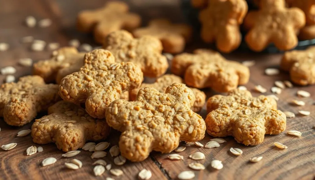 A freshly baked batch of homemade oatmeal dog treats, the golden-brown biscuits with a light, crumbly texture. Carefully arranged on a rustic wooden surface, the treats are scattered with whole oats, creating an appetizing, natural appearance. Soft, diffused lighting from the side casts subtle shadows, accentuating the treats' inviting shapes and textures. The overall scene has a warm, wholesome atmosphere, perfectly capturing the essence of nourishing, dog-friendly oatmeal snacks.