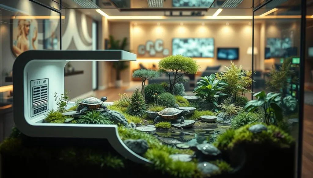 A futuristic terrarium showcasing the innovative housing for the Mississippi map turtle. In the foreground, a sleek, minimalist enclosure with integrated climate control and automated feeding system. The middle ground features a carefully curated naturalistic landscape, complete with lush vegetation, basking platforms, and a tranquil water feature. The background depicts a high-tech smart home interior, with holographic displays and seamless integration of the turtle's habitat. Soft, warm lighting emanates from hidden sources, creating a serene, almost otherworldly atmosphere. Shot on Sony A7R IV, clearly focused, sharply defined, polarizer filter, Hyperrealistic image. A futuristic terrarium showcasing the innovative housing for the Mississippi map turtle. In the foreground, a sleek, minimalist enclosure with integrated climate control and automated feeding system. The middle ground features a carefully curated naturalistic landscape, complete with lush vegetation, basking platforms, and a tranquil water feature. The background depicts a high-tech smart home interior, with holographic displays and seamless integration of the turtle's habitat. Soft, warm lighting emanates from hidden sources, creating a serene, almost otherworldly atmosphere. Shot on Sony A7R IV, clearly focused, sharply defined, polarizer filter, Hyperrealistic image.