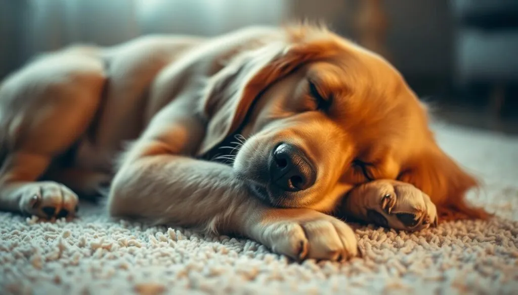 A golden retriever lying peacefully on a soft, plush rug, its belly rising and falling gently with each breath. The dog's limbs are relaxed, paws tucked neatly under its body, and its head is resting on its front paws, eyes closed in a deep, dreamlike slumber. The lighting is warm and diffused, creating a cozy, intimate atmosphere, and the focus is sharp, capturing every detail of the dog's soft, fluffy fur and the gentle expression on its face. The background is blurred, putting the emphasis on the sleeping dog and its tranquil state.