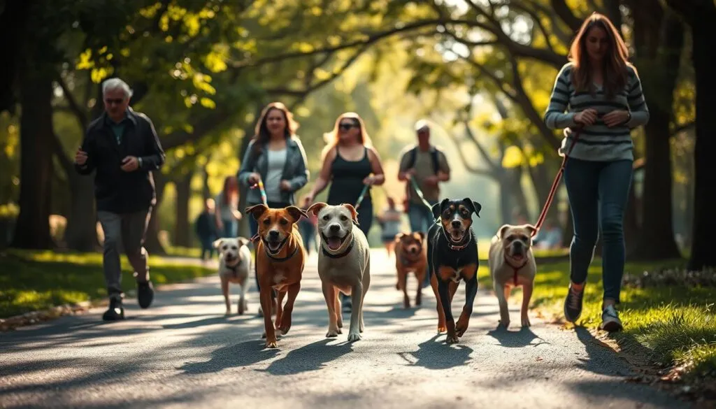 A group of well-socialized dogs enjoying a peaceful stroll on a tree-lined path, their leashes held by attentive owners who are focused on maintaining control and building positive associations. The sunlight filters through the canopy, casting a warm glow on the scene. The dogs display a range of breeds and sizes, all moving in sync, their body language relaxed and engaged. In the background, other park-goers can be seen, but the frame is centered on the dogs and their handlers, showcasing the importance of proper training and socialization for a harmonious walking experience.