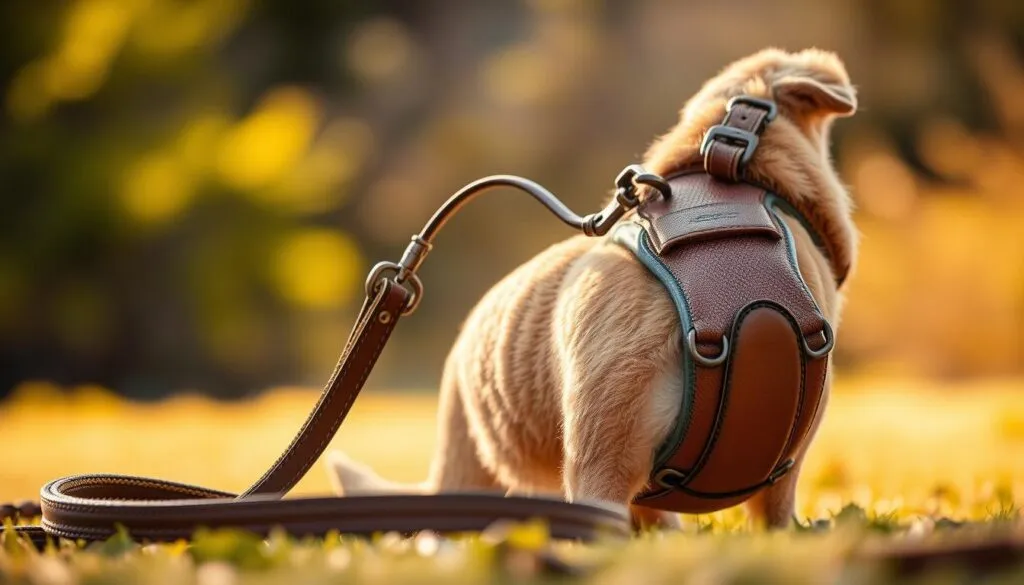 A high-quality dog leash and harness set, expertly designed for optimal leash training. The leash is made of durable, yet supple leather, providing a comfortable and secure grip. The harness is padded for the dog's comfort, with adjustable straps to ensure a snug, customized fit. Bright, neutral tones create a clean, professional aesthetic. Positioned in the foreground against a softly blurred, natural background, the equipment is illuminated by warm, directional lighting, capturing every detail in sharp focus. The overall mood is one of practicality and attention to the dog's well-being, reflecting the importance of proper leash training equipment.