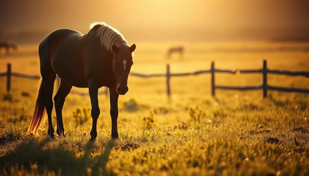 A lone horse stands in a sun-dappled meadow, its head bowed in a moment of sorrowful reflection. The animal's silhouette is etched in soft, golden light, casting a long shadow across the gently swaying grass. In the distance, a wooden fence frames the scene, adding a sense of quiet solitude. The horse's eyes are downcast, conveying a palpable grief that fills the air, as if the creature is bidding a final farewell. The image is imbued with a melancholic beauty, capturing the poignant transition from life to the unknown. Shot on Sony A7R IV, clearly focused, sharply defined, polarizer filter, Hyperrealistic image.