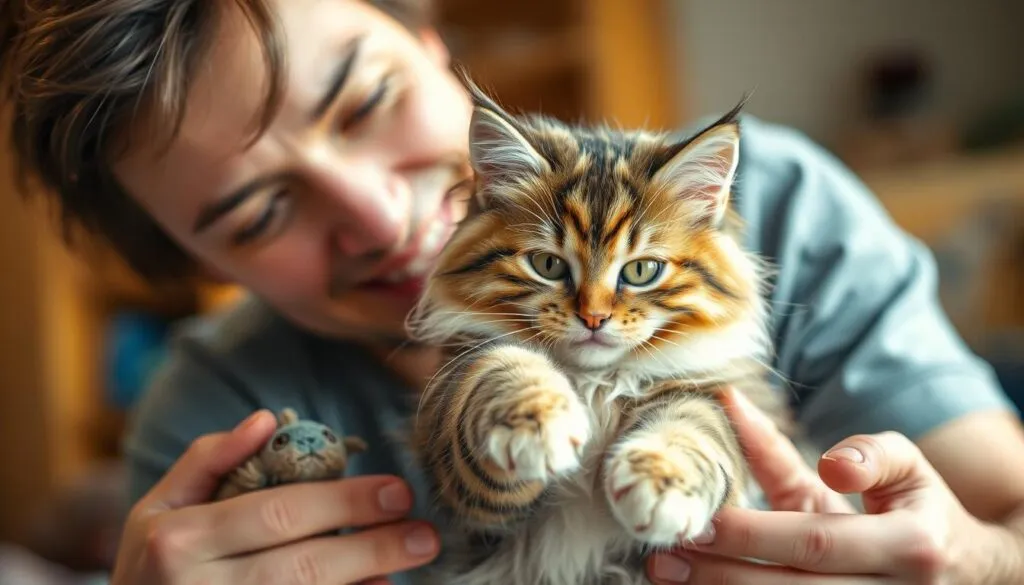 A loving owner tenderly plays with their fluffy tabby cat, their bond palpable as they engage in joyful interaction. The pair is captured in warm, softly-diffused natural light, the cat's vibrant eyes and the owner's adoring expression conveying the depth of their connection. The scene is framed with a blurred, cozy domestic background, creating an intimate, heartwarming atmosphere. The overall impression is one of trust, affection, and the unbreakable link between a cat and their devoted companion.