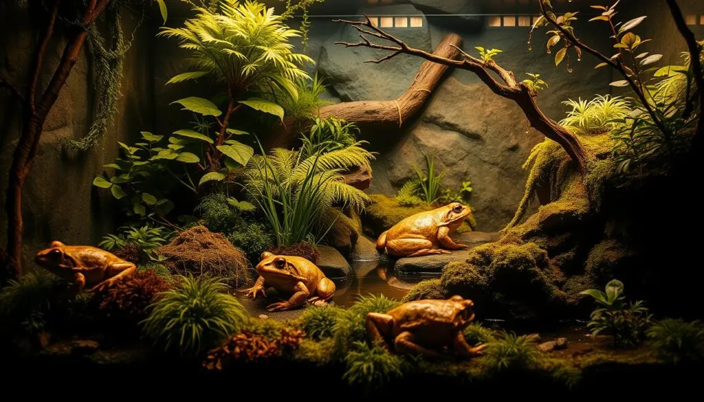 A lush, verdant terrarium showcasing the ideal climate for frogs. The enclosure is bathed in a warm, golden glow from soft, ambient lighting, creating a serene, natural atmosphere. Intricately detailed plants and foliage, including ferns, mosses, and leafy vines, fill the middle ground, providing ample hiding spots and perches for the frogs. The background features a gently sloping, rocky terrain, with a small pool of water reflecting the tranquil scene. Carefully placed branch structures offer various levels for the frogs to explore. The overall composition emphasizes the harmonious balance of temperature, humidity, and vegetation required for a thriving frog habitat.