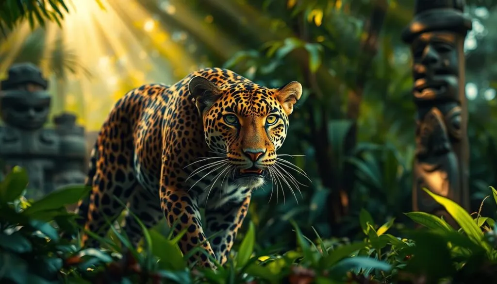A majestic jaguar prowls through a lush, verdant jungle, its powerful muscles rippling beneath its tawny coat. The creature's piercing gaze exudes a primal, mystical essence, as if it embodies the very spirit of the indigenous culture. Rays of warm, golden light filter through the canopy, casting a reverent, spiritual glow upon the jaguar's regal form. In the background, glimpses of ancient ruins and carved totems hint at the deep-rooted significance of this feline within the cultural traditions. Captured with a Sony A7R IV, this hyperrealistic image conveys the jaguar's revered status, showcasing its integral role in the indigenous mythology and beliefs.
