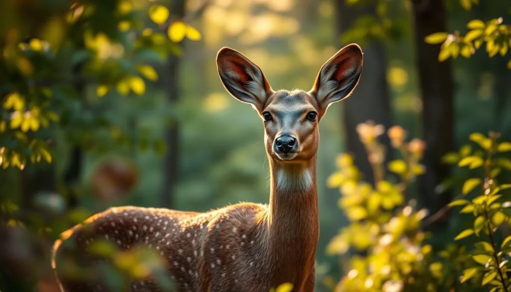 A majestic roe deer standing amidst the lush, verdant foliage of a serene woodland, sunlight filtering through the canopy above, casting a warm, golden glow upon its sleek, reddish-brown coat. The deer's alert gaze is fixed, its ears perked, capturing the essence of the mystical creature in its natural habitat. The scene is captured with a polarizer filter, bringing out the rich, vibrant hues of the forest and the deer's delicate features in sharp, hyperrealistic detail. Captured on a Sony A7R IV, this image perfectly encapsulates the captivating 