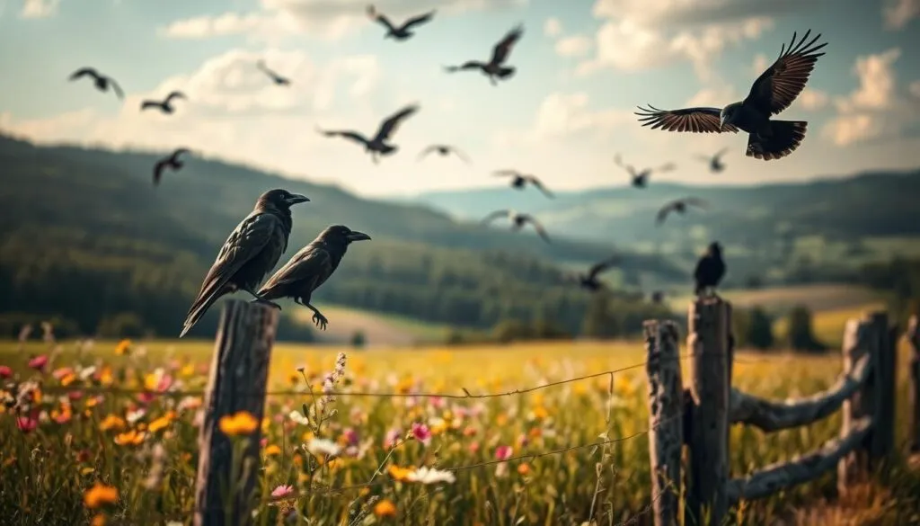 A picturesque German landscape unfolds, with a flock of majestic ravens soaring overhead. The ravens, known as Rabenvögel, perch atop weathered wooden fences, their glossy black feathers glistening in the warm, soft light. In the foreground, a lush field of wildflowers sways gently in the breeze, while rolling hills and verdant forests stretch out into the distance. The scene is captured with a Sony A7R IV camera, using a polarizer filter to enhance the vivid colors and sharp definition. This hyperrealistic image conveys the natural splendor of the ravens' habitat in Germany, reflecting the section title 
