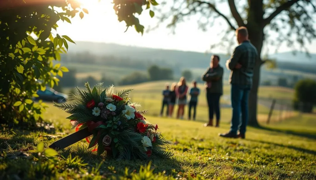 A serene outdoor gathering to honor the life of a beloved horse. Gentle sunlight filters through lush foliage, casting a warm glow over the scene. In the foreground, an ornate wreath of flowers and greenery rests on the ground, a solemn tribute. In the middle ground, a small group of people stand in quiet contemplation, their expressions somber yet peaceful. The background reveals a peaceful meadow, with rolling hills and a distant treeline. The overall mood is one of reverence and quiet celebration of the horse's memory. The image is meticulously focused, with a polarizing filter adding depth and vibrancy to the colors.