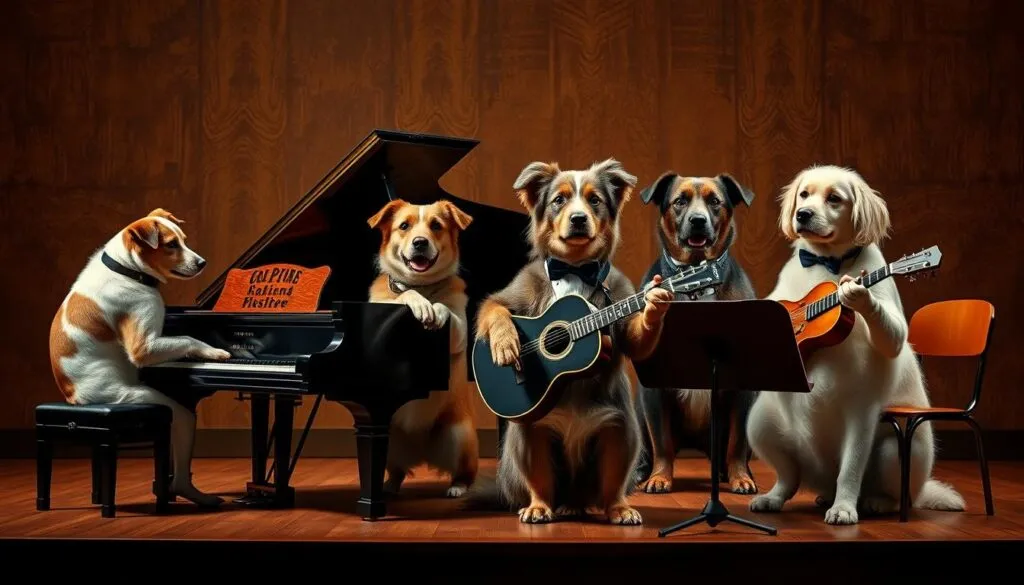 A sophisticated pack of musically-inclined canine companions, posed against a rich, textured backdrop that evokes the warmth and vibrancy of a classical music concert hall. The dogs, each with a distinct personality, are captured in various poses - one playing a grand piano, another strumming a guitar, and a third conducting an orchestra of fellow hounds. The lighting is soft and dramatic, accentuating the pups' regal bearing and the elegant, harmonious atmosphere. The overall scene conveys a sense of artistry, creativity, and the enduring bond between humans and their furry, musical muses.