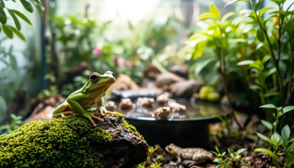 A terrarium filled with a diverse ecosystem of lively frogs, captured in stunning detail. In the foreground, a vibrant green tree frog perches atop a mossy log, its expressive eyes and delicate features showcased by the precise focus. Mid-frame, a group of smaller spotted frogs hop across a shallow water feature, their movements frozen in time. The background reveals a dense jungle-like environment, with lush foliage and a soft, diffused lighting that creates a serene, naturalistic atmosphere. Polarized to enhance the vivid colors and textures, this hyperrealistic scene offers a captivating glimpse into the captivating world of beginner-friendly frog keeping. A terrarium filled with a diverse ecosystem of lively frogs, captured in stunning detail. In the foreground, a vibrant green tree frog perches atop a mossy log, its expressive eyes and delicate features showcased by the precise focus. Mid-frame, a group of smaller spotted frogs hop across a shallow water feature, their movements frozen in time. The background reveals a dense jungle-like environment, with lush foliage and a soft, diffused lighting that creates a serene, naturalistic atmosphere. Polarized to enhance the vivid colors and textures, this hyperrealistic scene offers a captivating glimpse into the captivating world of beginner-friendly frog keeping.