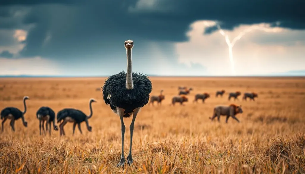 A vast savanna landscape, with a herd of ostriches grazing peacefully. In the foreground, a lone ostrich stands alert, its keen eyes scanning the horizon for any potential threats. The middle ground reveals a pride of lions stalking their prey, their muscular forms casting long shadows across the golden grasslands. In the distance, a thunderstorm brews, casting an ominous mood over the scene. Shot on Sony A7R IV, clearly focused, sharply defined, polarizer filter, Hyperrealistic image.