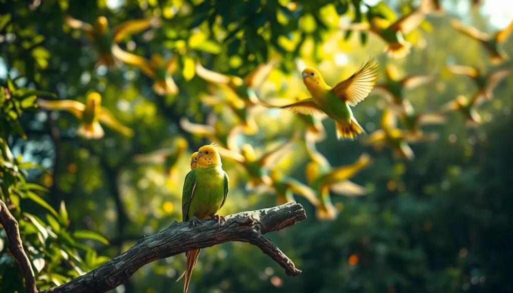 A vibrant and captivating scene of a flock of Budgerigars (Wellensittiche) in their natural habitat, soaring gracefully through the lush, verdant foliage. The birds' vivid green and yellow plumage contrasts beautifully against the dappled sunlight filtering through the canopy, casting a warm and tranquil ambiance. In the foreground, a pair of Budgerigars perch on a weathered tree branch, their heads tilted as they preen their feathers, while behind them, the rest of the flock takes to the air, their wings outstretched in a graceful dance. The overall composition is crisp, focused, and deeply immersive, capturing the essence of these delicate and resilient birds in their wild, untamed environment.