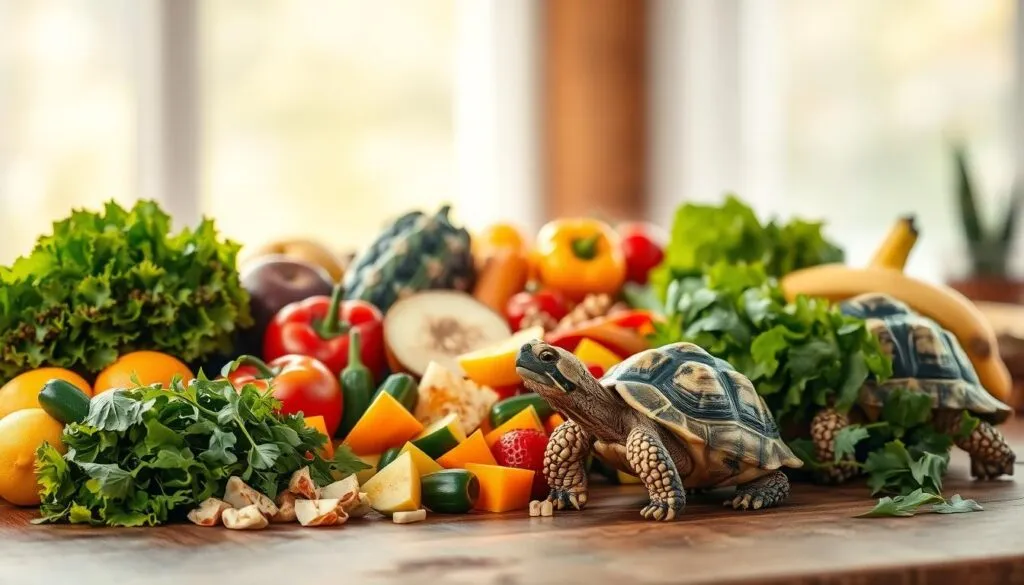 A vibrant still life showcasing a balanced mix of healthy, fresh tortoise food. In the foreground, an array of leafy greens, juicy fruits, and crunchy vegetables artfully arranged on a wooden table. The middle ground features a variety of whole and chopped ingredients, highlighting the diverse nutritional needs of these reptiles. The background softly fades into a warm, natural setting, suggesting an inviting, calming atmosphere. The lighting is soft and diffused, accentuating the vivid colors and textures of the ingredients. Captured with a Sony A7R IV, this hyperrealistic image conveys the importance of a varied, balanced diet for the thriving health of pet tortoises.